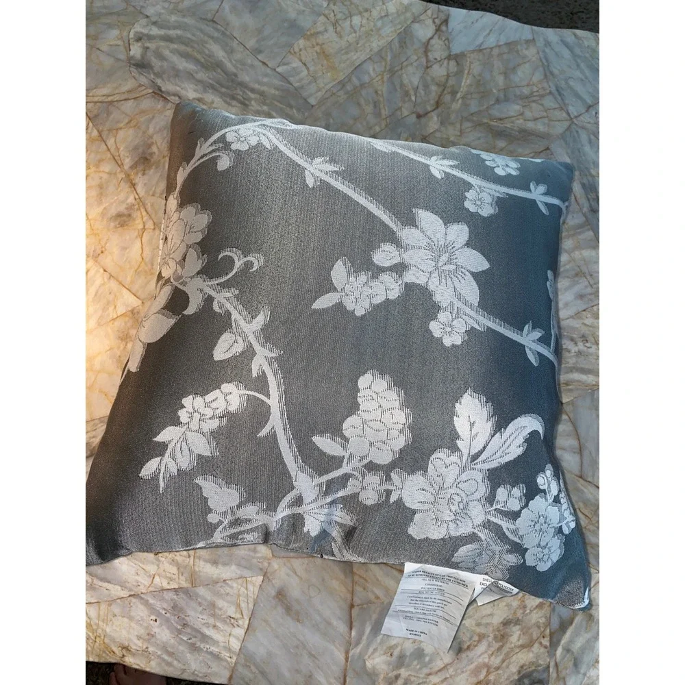 Grey White Floral Jacquard Square Decorative Throw Pillow 18x18 Accent